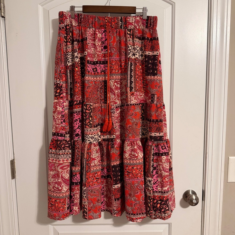 BloomChic Red Patchwork Paisley Tiered Midi Skirt Pockets Plus Size 18-20 Boho